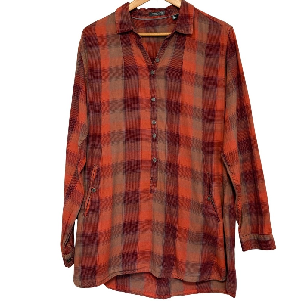 Toad&Co Mixologist Tunic Shirt Womens L Orange Plaid Organic Cotton Pullover